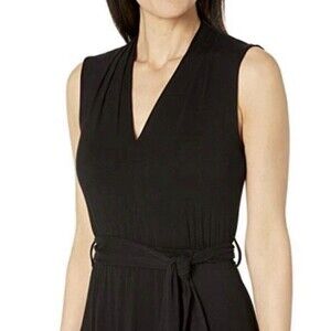 CALVIN KLEIN Black Tie Waist V-Neck Sleeveless Jersey Dress Women 10 Knee Length